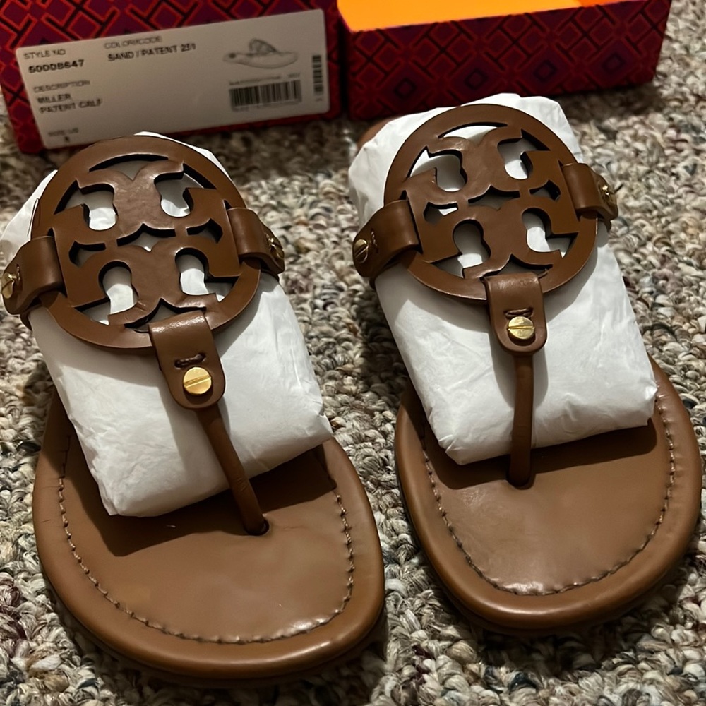 Tory Burch Womens Miller Sandal, Sand color, size 8.